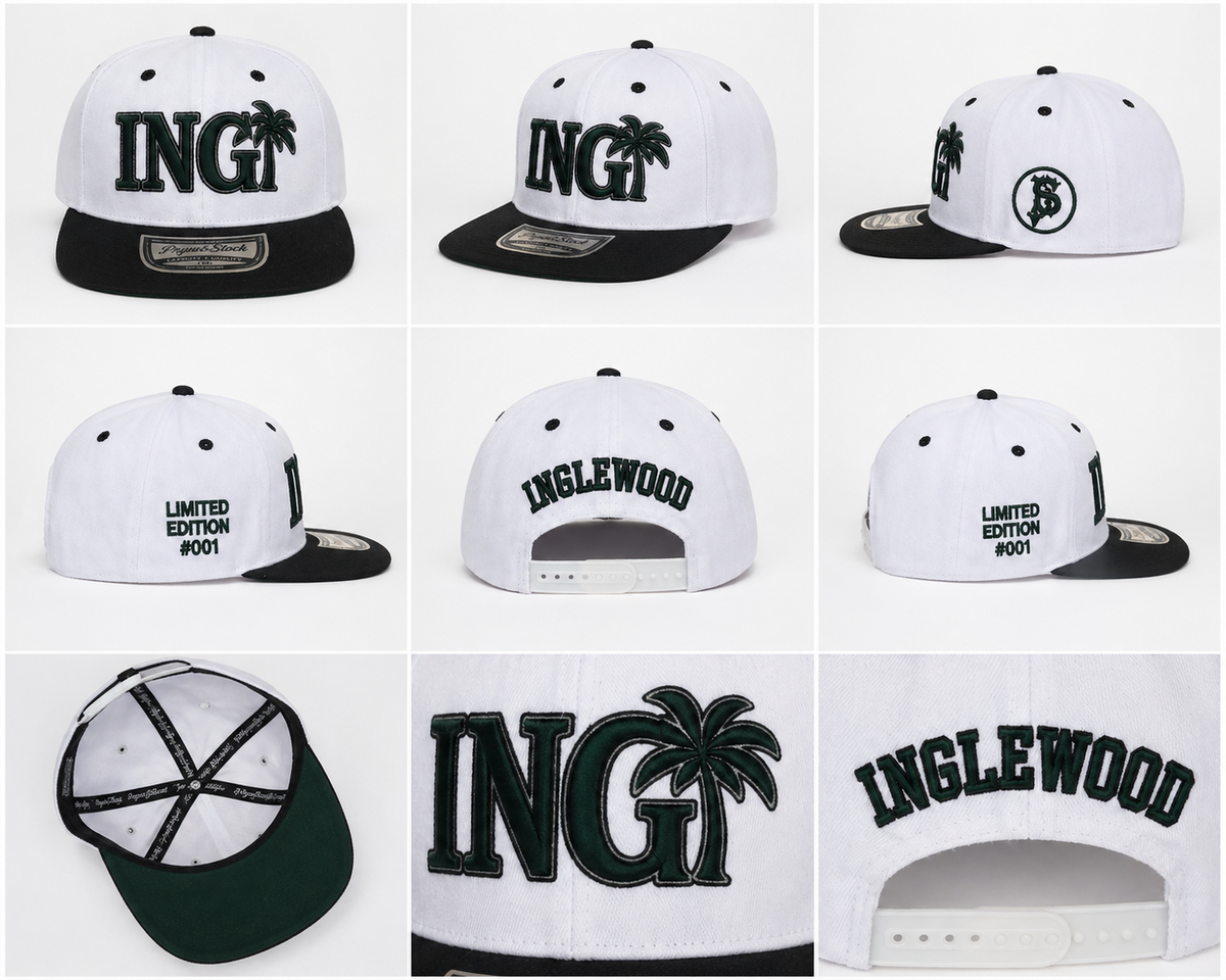 PRYV8 Stock ING Limited Edition white, black, and green snapback hat shown from multiple angles