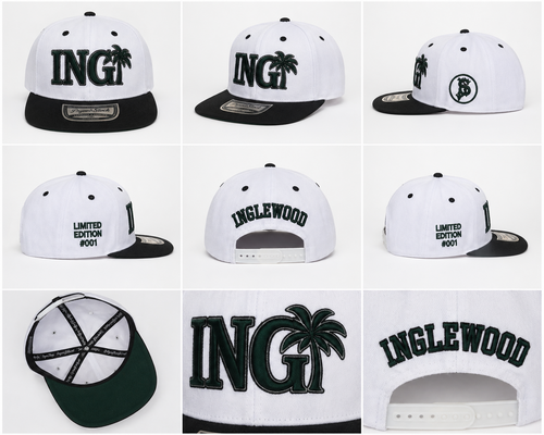 PRYV8 Stock ING Limited Edition white, black, and green snapback hat shown from multiple angles